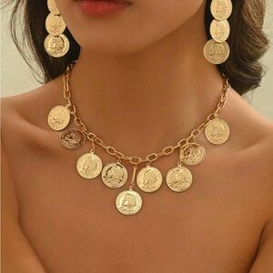 Gold Coin Charm Necklace and Earrings Set - Women Jewelry
